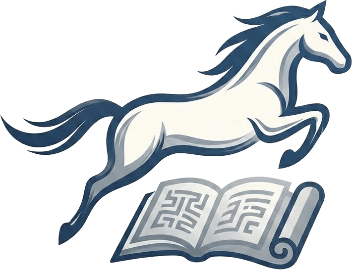 念马のマーク（跳ぶ馬と開いた本）